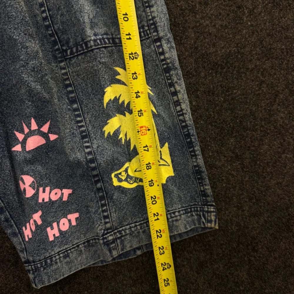 Vintage 80s Acid Wash Denim Shorts Palm Tree Neon Hot Hot Hot Blue Medium